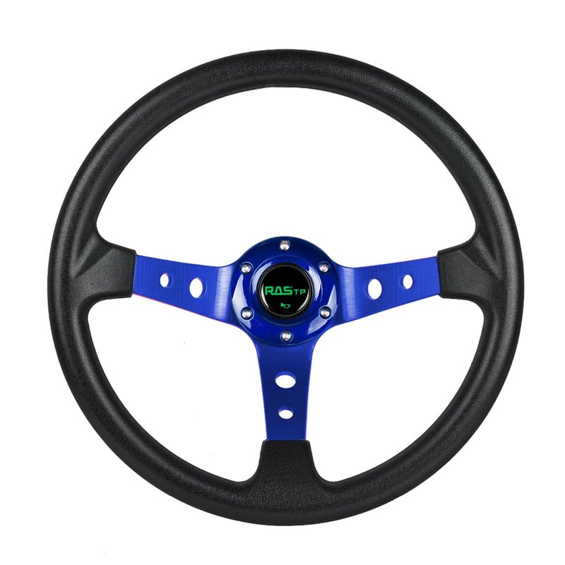 RASTP Universal Racing Steering Wheel,Drifting Deep Dish Steering Wheel 13.8â€/350mm 6 Bolts Grip Vinyl Leather & Aluminum with Horn Button for Car -Blue - Image 1